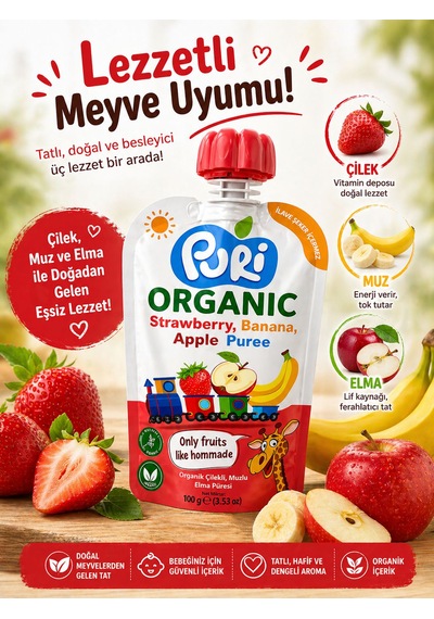 Organic %100 Organik Meyve Püresi Çilek Muz Elma 100 G İlave Şekersiz
