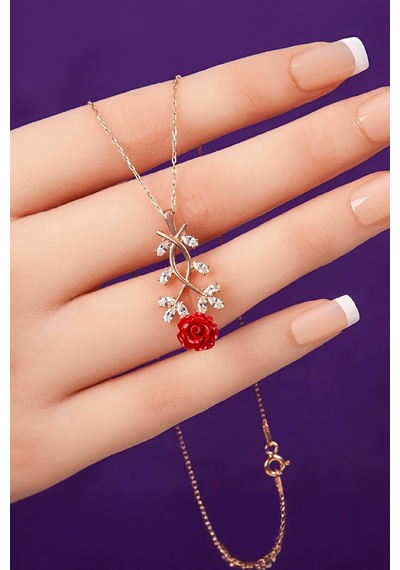 925 Ayar Gümüş Zirkon Taşlı Rose Renk Gül Bayan Kolye - 50 CM
