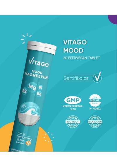 Vitago Mood Magnezyum Vitamin B1 Vitamin B2 ve Vitamin B6 İçeren Takviye Edici Gıda﻿﻿ 20 Efervesan Tablet