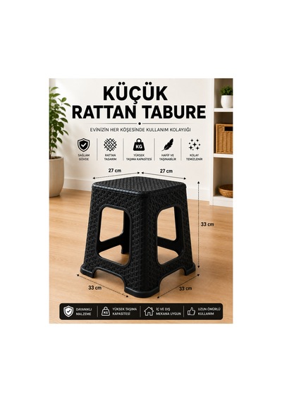 6 Lı Küçük Rattan Tabure Seti Siyah Mutfak Banyo Balkon Bahçe İçin İstiflenebilir Plastik Tabure Siyah