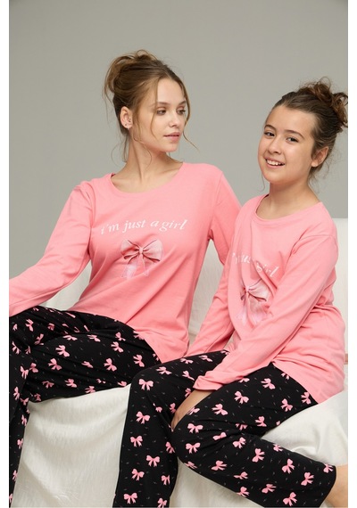 Siyah İnci Pamuklu Bisiklet Yaka Örme Pijama Takım25241132 Somon