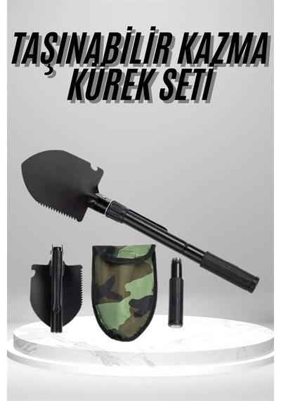 Pusulalı Katlanabilen Portatif Çantalı Mini Kazma Kürek Seti