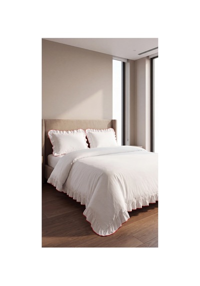 %100 Pamuk Overloklu Fırfırlı Çift Kişilik Nevresim Takımı Lastikli Çarşaflı 200x220 Cm Kırmızı - 904804703 Kırmızı