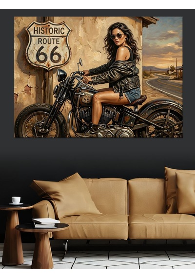 Route 66 Yolunda Motosikletli Kadın Dekoratif Kanvas - Mdf Ahşap Tablo