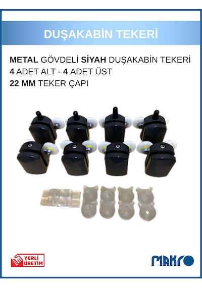 Duşakabin Tekerleği 8'li Cam Kabin Tekeri Rulmanlı Siyah Metal Gövdeli Bilyalı Çift Tekerlekli Siyah