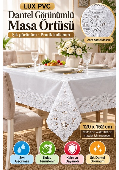 Beyaz 120x152 Cm Dantel Görünümlü Pvc Masa Örtüsü Sıvı Geçirmez Silinebilir Mutfak Masa Örtüsü Lüks