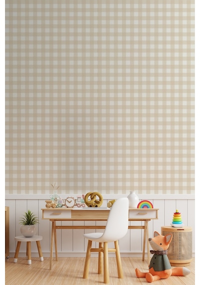Ekose Desenli Duvar Sticker Yarım Kaplama Duvar Kağıdı Görünümlü Sticker 54x109 Cm Ekoseli Bej Dijital Baskı