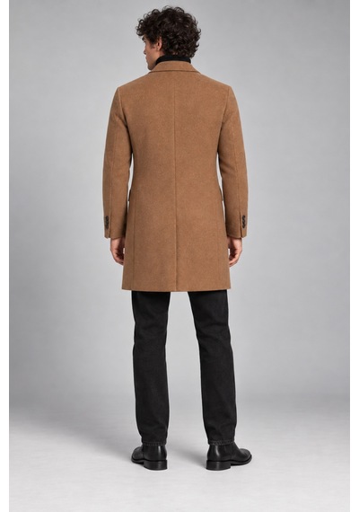 Maison Rae Erkek Vizon, Slim Fit Kaşe Kaban Klasik Yaka 3 Düğmeli Uzun Kesim Kışlık Palto
