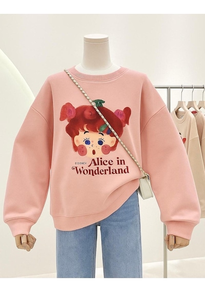 Benroma 3 İplik Penye Alice İn Wonderland Baskılı Unisex Sweatshırt Pembe
