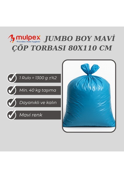 Mulpex Jumbo Boy Mavi Çöp Torbası 80x110 Cm 1 Rulo 1300 G %2 Dayanıklı Ve Kalın, Ağır Hizmet Geri Dönüşüm