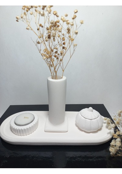Tabaklı Sütun Vazolu, Minimal Mumluk Ve Balkabağı 4 Parça Set Beyaz Beyaz
