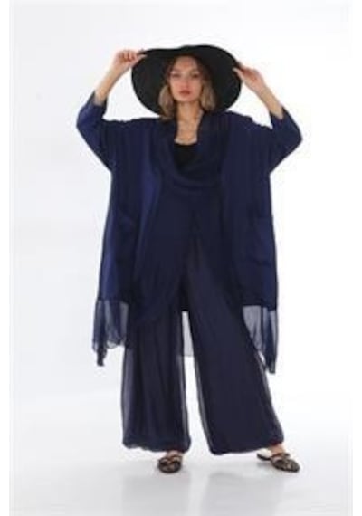 Bohem Stil Italyan Ipek Detaylı Oversize Kaftan & Bluz-8711 Lacivert