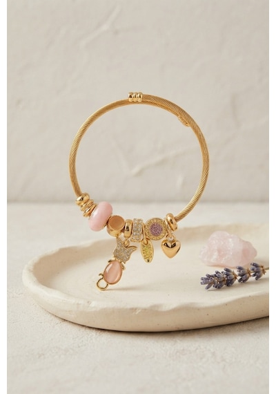 Pembe Kedi Model Gold Renk Charmlı Bileklik - Lisinya