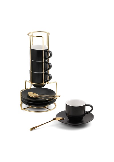 4 Oz Espresso Bardakları, Tabaklar, Kaşıklar Ve Metal Stand, Küçük İstiflenebilir Kahve Fincanları 4'lü Set, Ne Diğer