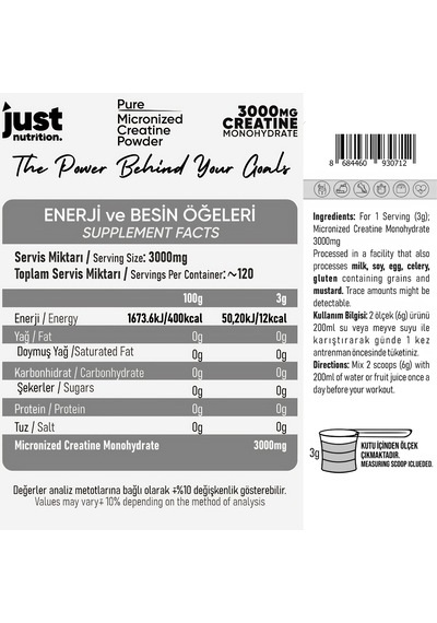 Just Nutrition Creatine Monohydrate Kreatin 360 Gr 120 Servis + Shaker + Protein Kahve Aromasız