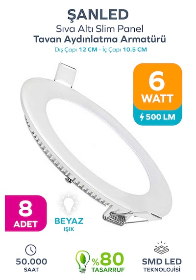 6w Tasarruflu Led Yuvarlak Beyaz Işık Sıva Altı Slim Panel Tavan Aydınlatma Armatürü 8 Adet