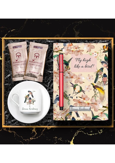 Kişiye Özel Kuşlu Fincan & Kuş Desenli Defter & Kırmızı Roller Kalem & 2'li Türk Kahvesi Hediye Seti