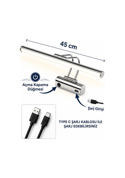Flüt Aplik / 45cm / Şarjlı Led Aplik / Type-c Usb Kablosuz Duvar Lambası 8w Gün Işığı 3000k Gümüş - Krom