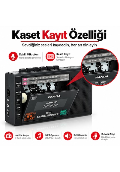 Panda 6503 Taşınabilir Kasetçalar Ses Kayıt Cihazı Fm/am Radyo Usb Tf Kart Mp3/wma Kasetten Dijitale Aktarım