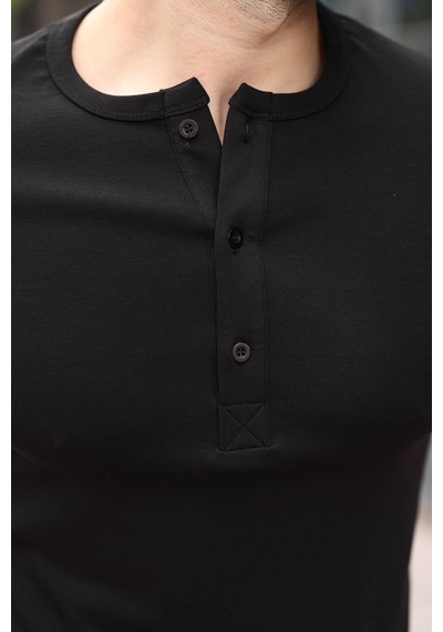 Madmext Siyah Yarım Düğmeli Slim Fit Erkek Tişört E7186