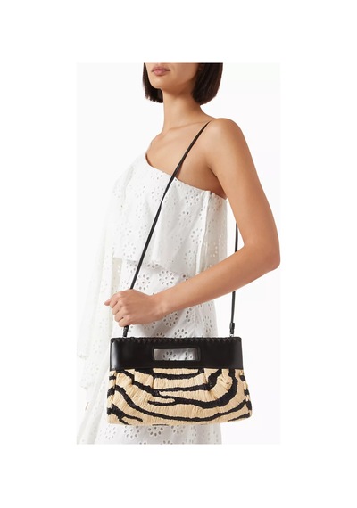 Staud Zebra Desenli Clutch Çanta, Rafya & Deri Lena , Çok Yönlü Şıklık El Çantası Siyah