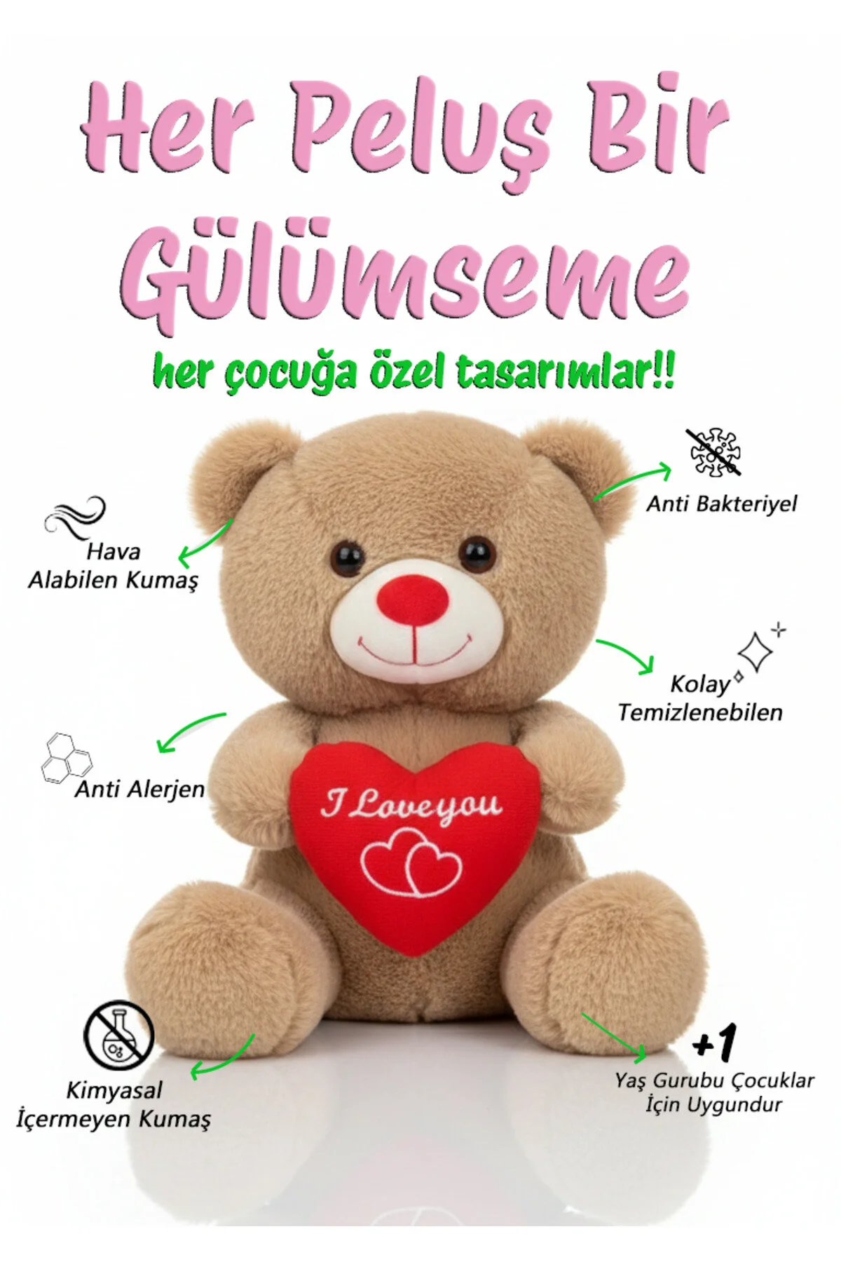 Ayıcık Kalpli 35cm - Sevimli & Yumuşak Açık Kahverengi