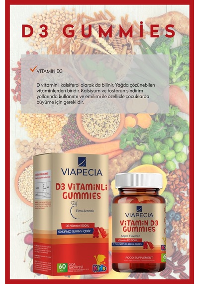 Viapecia Kids D3 Vitaminli Gummies Elma Aromalı 60 Adet