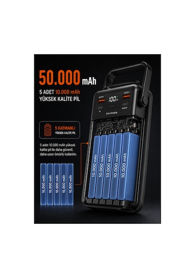 50.000 Mah Powerbank 22.5w Hızlı Şarj Lcd Ekran 4 Çıkış 4 Kablo Kamp Işıklı Taşınabilir Batarya Siyah