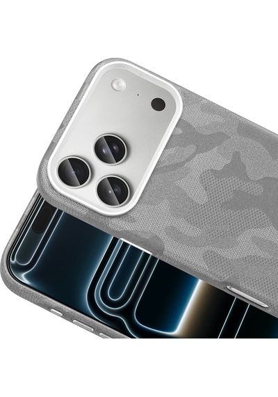 iPhone Uyumlu 17 Pro Kılıf Magsafe Şarj Özellikli Kamuflaj Tasarımlı Sera Sert Pc Kapak Gümüş