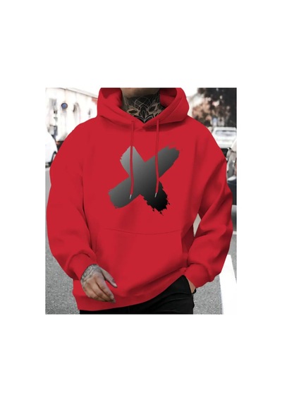 Herkesemoda X Baskı Detaylı Kapüşonlu Sweatshırt Kırmızı