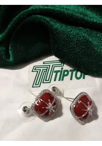 Tiptop/ Fransız Mikro Zirkon Krom Kare Kırmızı İnci Küpe Gümüş - Kırmızı