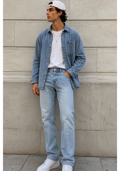 Cool Tarz Erkek Regular Denim Gömlek Yıkamalı Kot Uzun Kollu Cepli Jean Gömlek Mavi Mavi