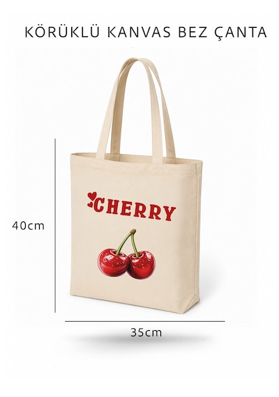 Lunora Collection Cherry Kiraz Baskılı Körüklü Kanvas Bez Çanta Ham Renk