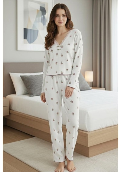Siyah İnci Dantelli Bürümcük-krınkıl Uzun Kollu Pijama Takım Beyaz