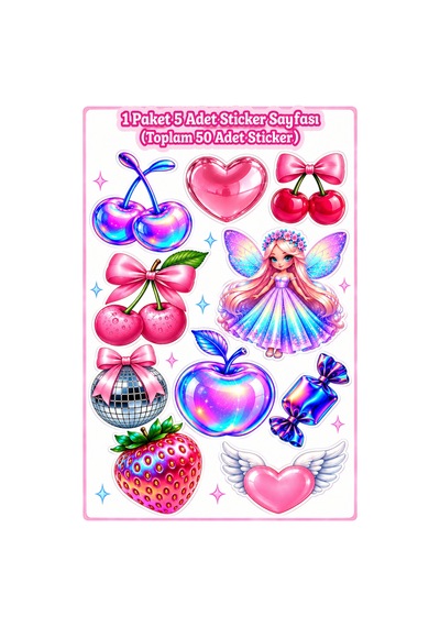 Kiraz Temalı Hologram Sticker 5 Adet A5 Sticker Sayfası 50 Adet Renkli Sticker Çok Renkli