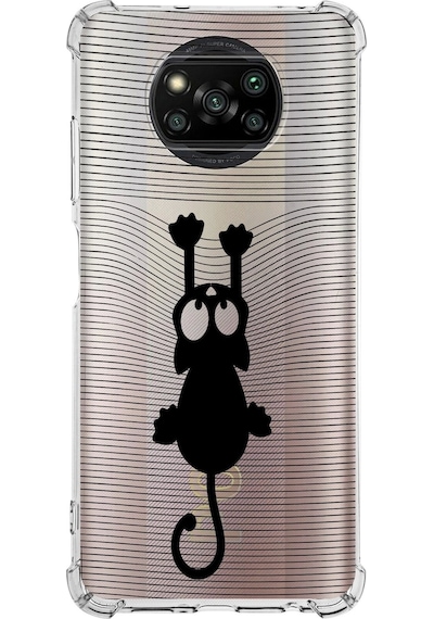 Xiaomi Poco X3 Pro Köşe Korumalı Antişok Kapak Çizgi Kedi Tasarımlı Şeffaf Silikon Kılıf