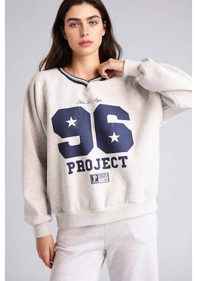 Defacto Oversıze V Yaka Baskılı Kalın Kumaş Sweatshirt G9597ax26spgr256 Gri-gr256