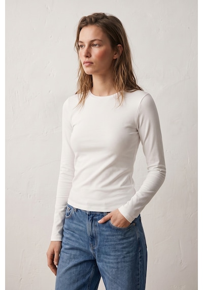 Elemge %95pamuk %5likra Vücuda Oturan Magic Fit Beyaz Kadın Stretch Uzun Kollu T-shirt Compact Penye Esnek Basic Tişört Elastan Bluz