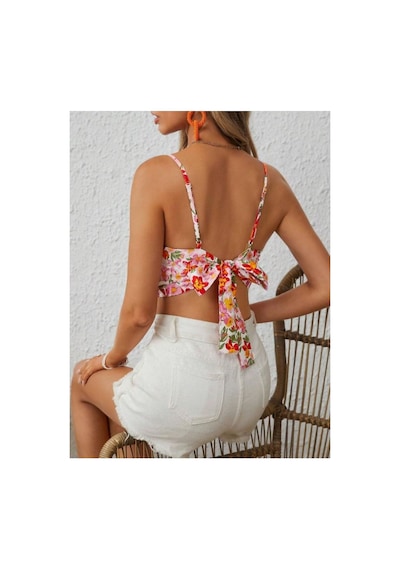 Bella Notte Retro Çiçek Baskılı Sırt Dekolteli Crop Bluz Pembe