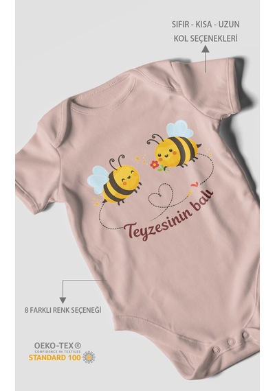 Morivokids Teyzesinin Balı Kısa Kollu Bebek Body %100 Pamuk Pastel Pembe