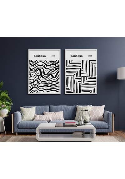 Bauhaus Siyah Çizgiler Duvar Tablosu Çerçeveli 2'li Set Beyaz Renk 35 X 50 Boyut/ebat