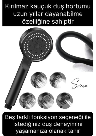 Premium Duş Seti 5 Fonksiyonlu Tasarruflu Başlık Esnek Kırılmaz Çatlamaz Paslanmaz Sızdırmaz Hortum Siyah