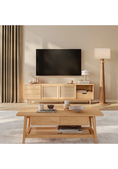 Ahşap Rattan Kapak Detaylı Modern Tv Ünitesi Natürel