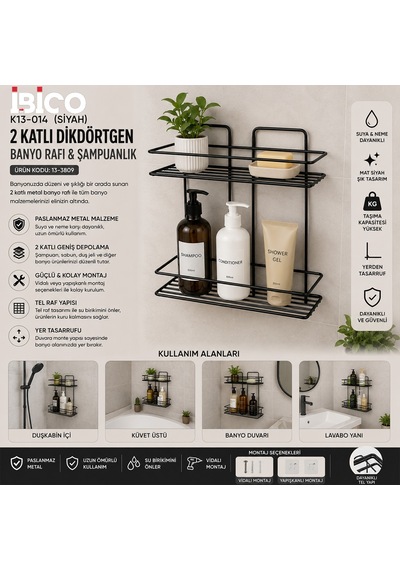 K13-014 2 Katlı & Dikdörtgen Siyah Metal Banyo Köşelik & Duşkabin Raf & Şampuanlık 12'li Paket