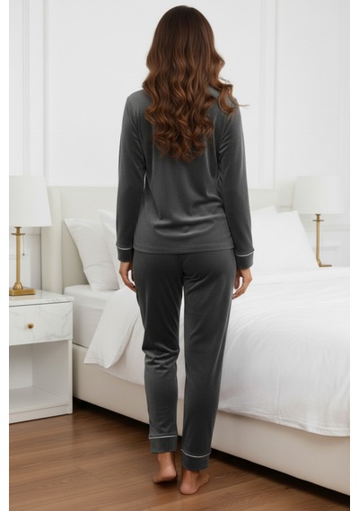Kadın Kadife Boydan Düğmeli Şerit Detaylı 2'li Pijama Takım Gri