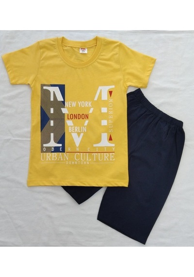 Aybeyce Newyork London Berlin Baskılı 9-12 Yaş Erkek Çocuk Şort-Tshirt Takım Sarı