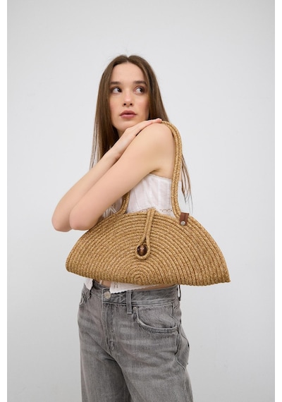 Shule Bags Paper Düğmeli Handmade Hasır Omuz Çantası Vizon Vizon