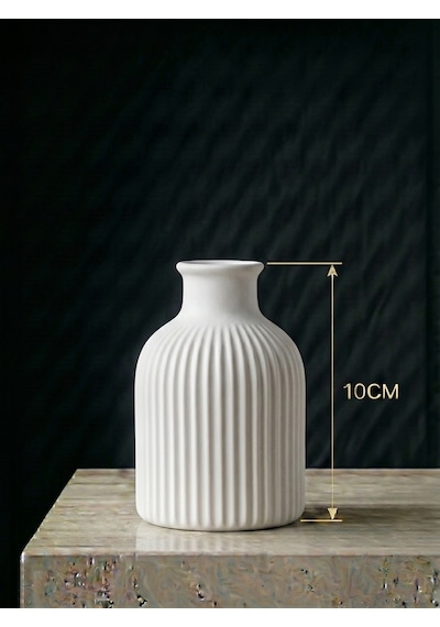 Premium - Mat Beyaz - 10cm - Kendinden Kokulu - Çizgili Pampas Vazosu