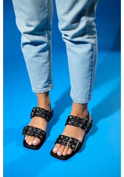 Luvishoes Blob Siyah Cilt Tokalı Kadın Sandalet Siyah