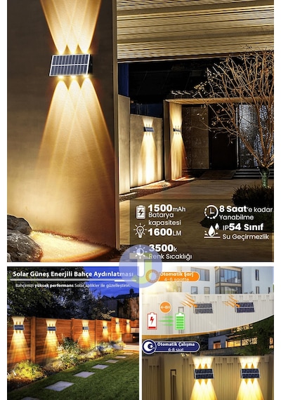 Technojet Solar Güneş Enerjili 6 Ledli Bahçe Aydınlatması Aplik Sarı Işık Led Lamba 2 Adet Siyah